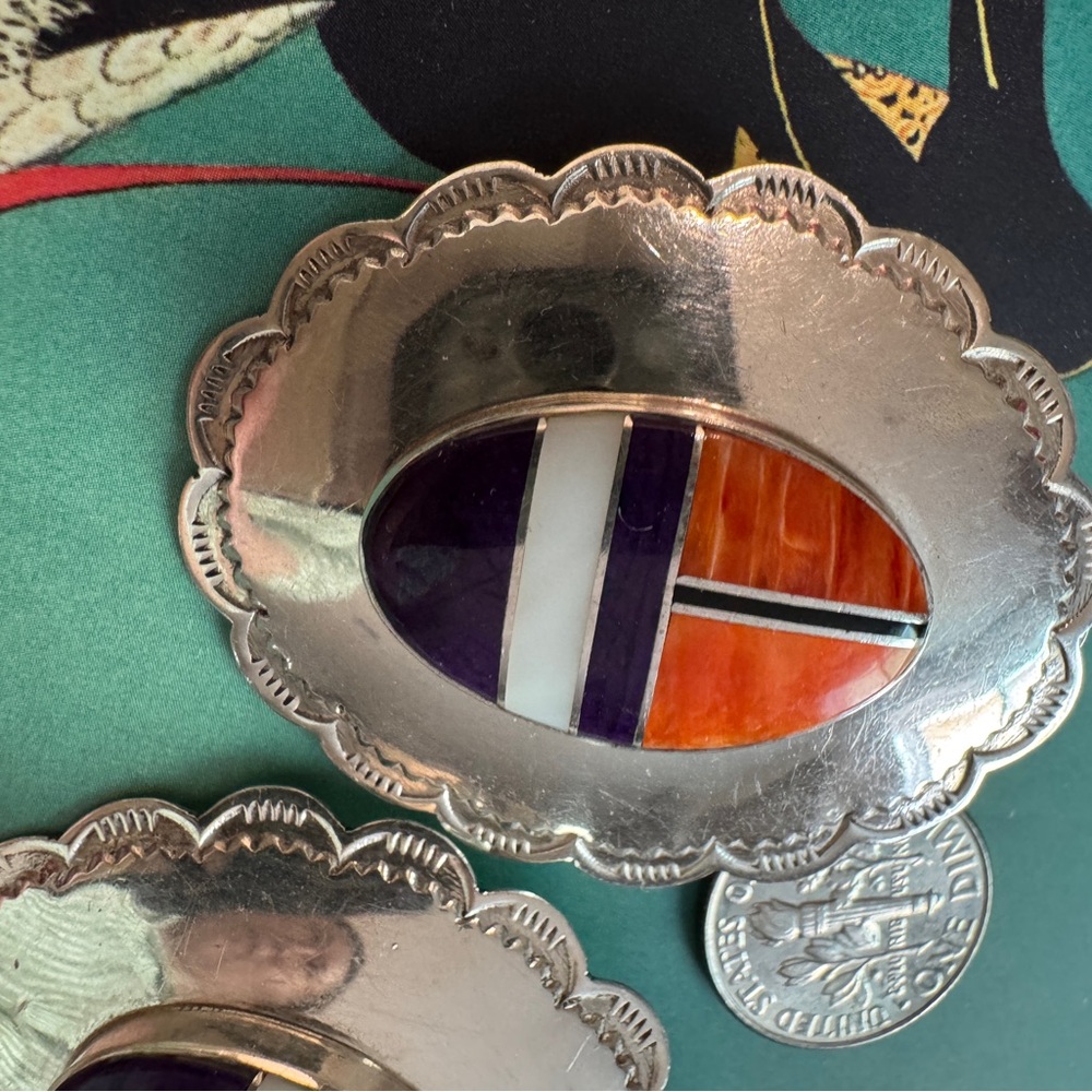 Vintage Native American sterling Silver Earrings large old pawn inlay navajo - Picture 5 of 5